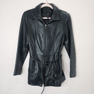 JLC New York Leather‎ Jacket Womens Small Black Belted Zip Outerwear Moto Coat
